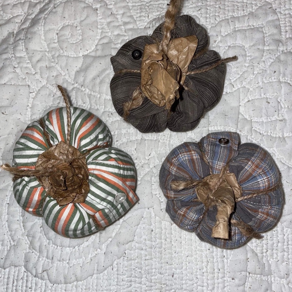Set of 3 fabric pumpkins. Made by Me Donna Braswell